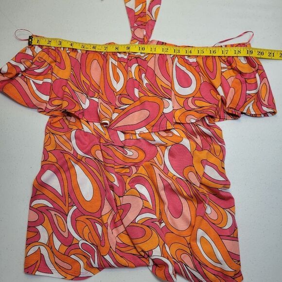 Michael Kors Flounce Halter Vibrant Pink and Orange Off Shoulder Top - Picture 7 of 8